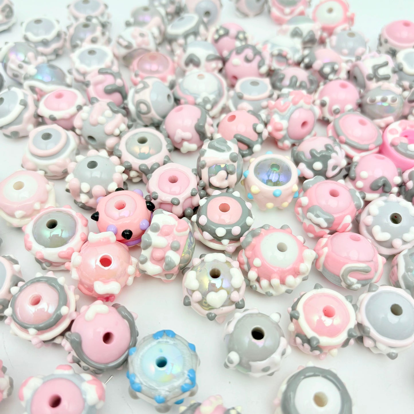 [A114]ピンク灰の絵柔・ピンク灰手描きプラスチック串珠ミックス（5 個 / 10 個 / 20 個）