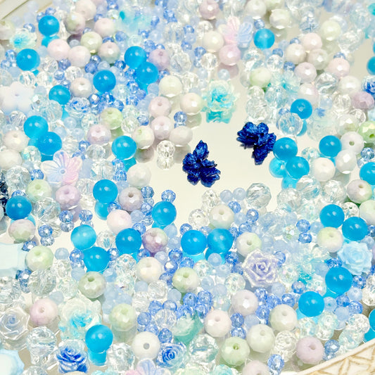 [B100]清藍柔晶・青調ガラス天然石串珠ミックス（30ml/50ml）