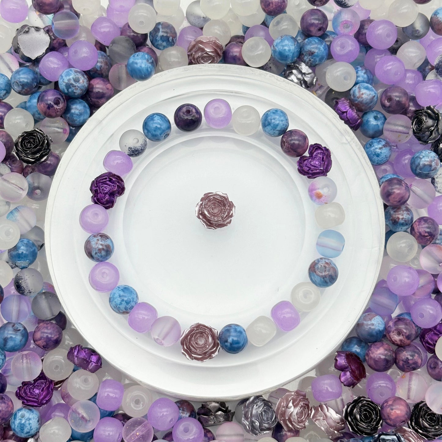 [B55]紫霧の青紗・ビーズミックス（約 8mm）：紫青柔らかな花ビーズ 50ml/100ml