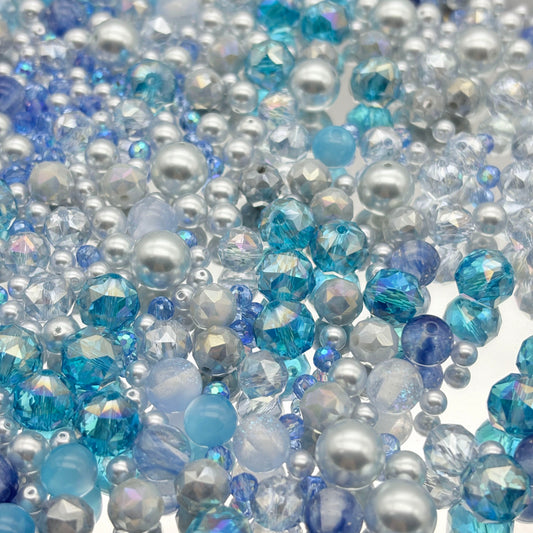 [B61]青の幻晶・小型ビーズミックス（複数素材）：青透明きらめき粒ビーズ 30ml/50ml