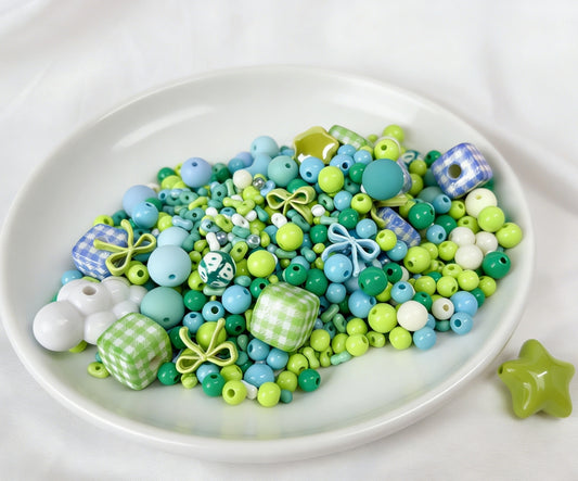 [B86]青檸格綴・青緑格子柄プラスチック串珠ミックス（30ML/50ML）