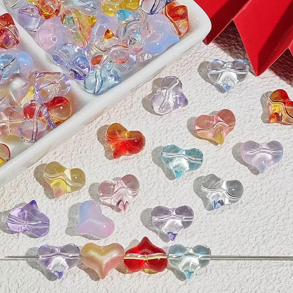 [開封]ガラス製ハート ストレートホールビーズ 手芸 DIY アクセサリーパーツ